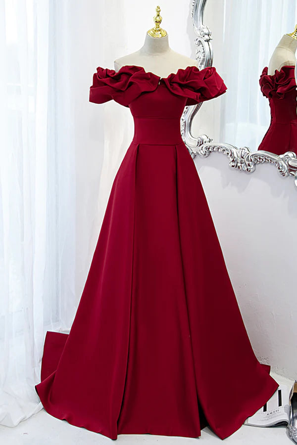 Wholesale Burgundy Satin Long Prom Dress A-Line Off Shoulder Evening Party Dress